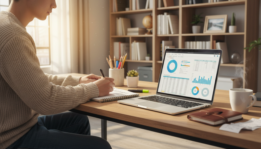 A bright, modern study space featuring a young student diligently managing their budget. In the foreground, an open laptop displays a budgeting application, with colorful graphs and charts visible on the screen. A neatly organized notebook filled with handwritten notes is placed beside it. The student, dressed in smart casual clothing, is concentrating and writing down expenses in a planner. In the middle ground, a stylish desk is cluttered with stationery, a potted plant, and a steaming cup of coffee. The background shows a cozy bookshelf filled with textbooks and decorative items. Soft, natural light from a nearby window creates a warm and inviting atmosphere, emphasizing focus and productivity in financial management.