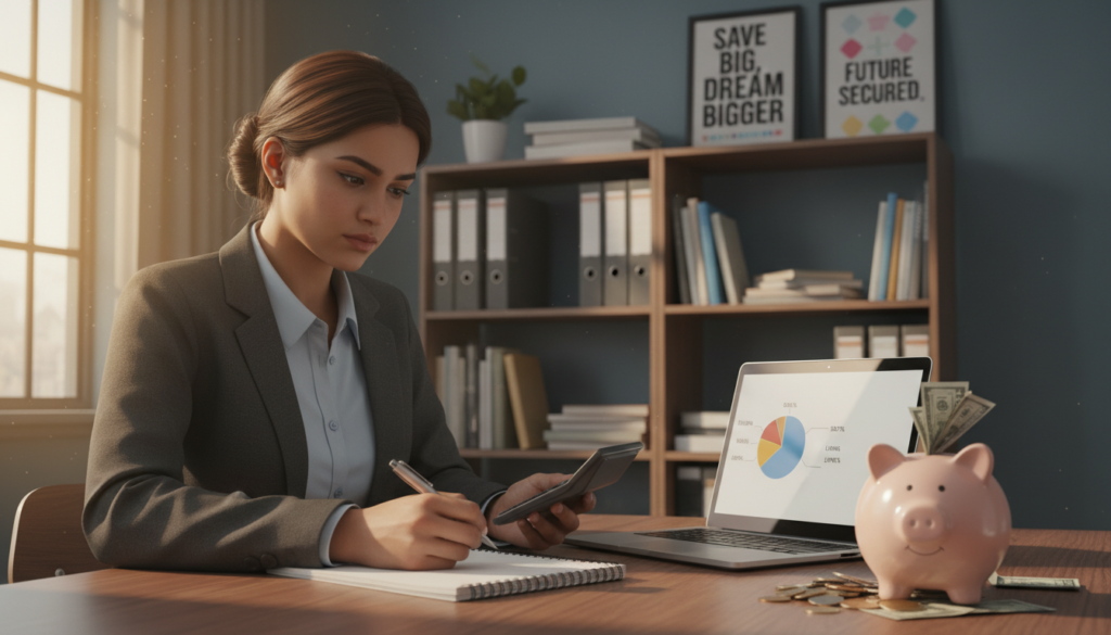 A focused and organized workspace depicting a student’s savings method. In the foreground, a young student in professional attire, attentively reviewing a budget plan with a calculator and a notepad, displaying a determined expression. In the middle, an open laptop displaying a colorful savings chart alongside a piggy bank filled with coins and a few dollar bills scattered about. The background features a cozy study room with a bookshelf filled with educational resources and motivational posters. Bright, natural light streams in through a window, creating a warm and encouraging atmosphere. The scene emphasizes a sense of discipline and hope, perfect for illustrating a student embarking on a savings journey.