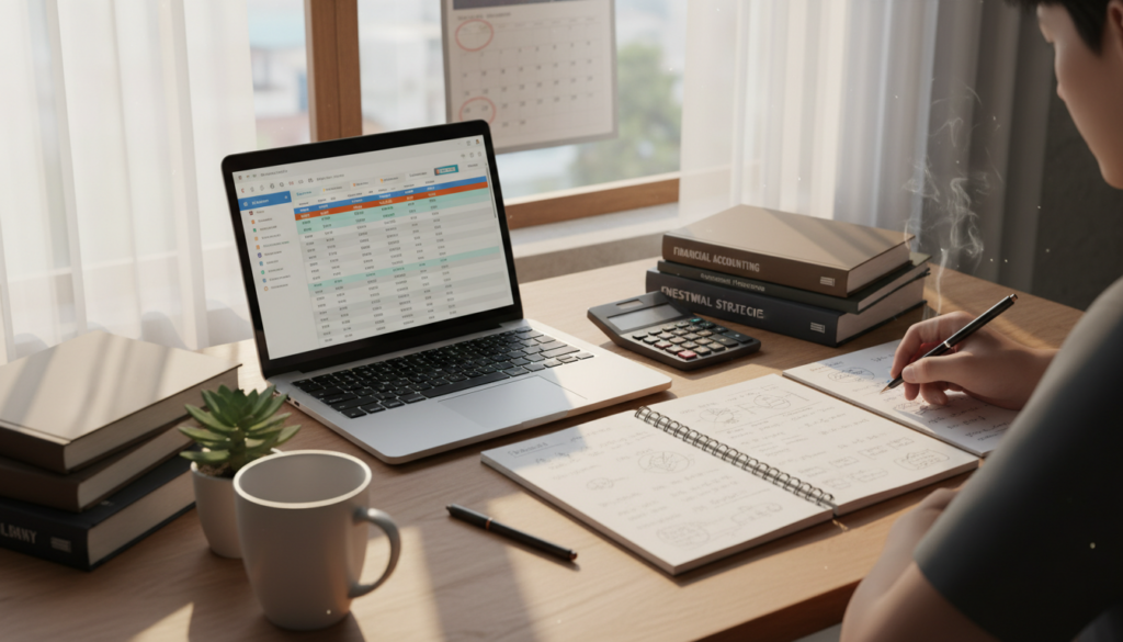 A focused student sitting at a desk surrounded by financial planning materials, including a laptop displaying budgeting software, notebooks filled with calculations, and a calculator. In the foreground, a potted plant adds a touch of life, and a cup of coffee steams gently. The middle ground features the clutter of study materials, such as textbooks and a visible calendar marking important dates. In the background, soft natural lighting streams in through a window, casting a warm glow across the scene. The atmosphere is one of concentration and motivation, embodying a productive study environment that emphasizes financial awareness and planning. The image should be captured in a slightly elevated angle, giving a clear overview of the desk setup while maintaining a warm and inviting mood.